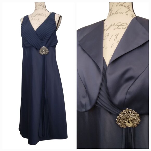 Alex Evenings | Navy Blue Draped Empire Satin Dress with Jacket | Size 16W - Picture 1 of 16